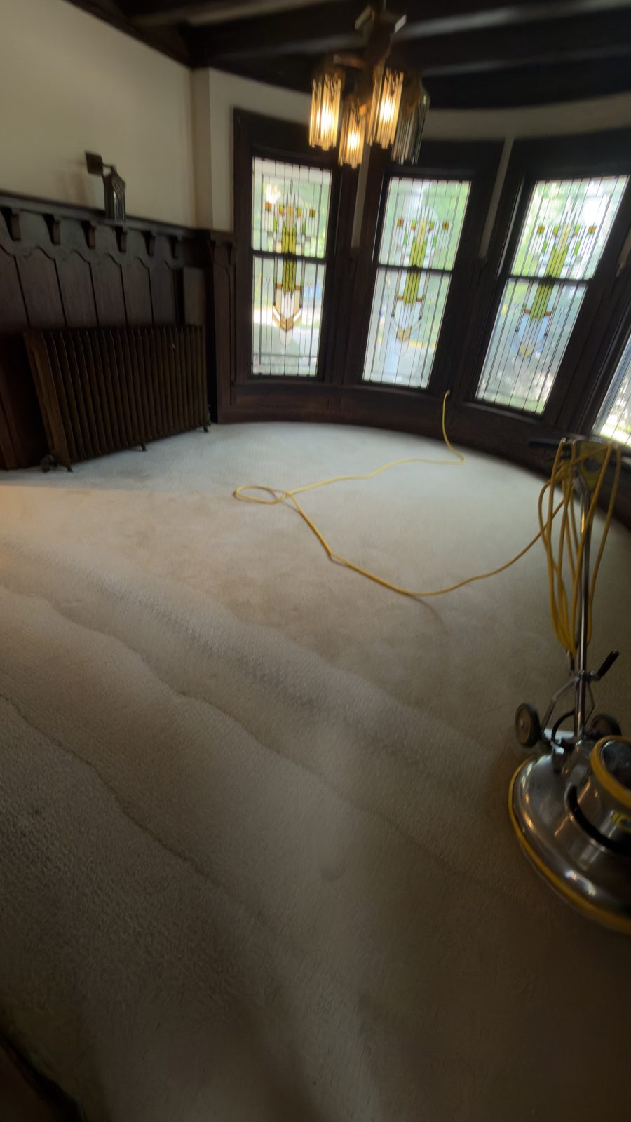Hot water carpet extraction in progress