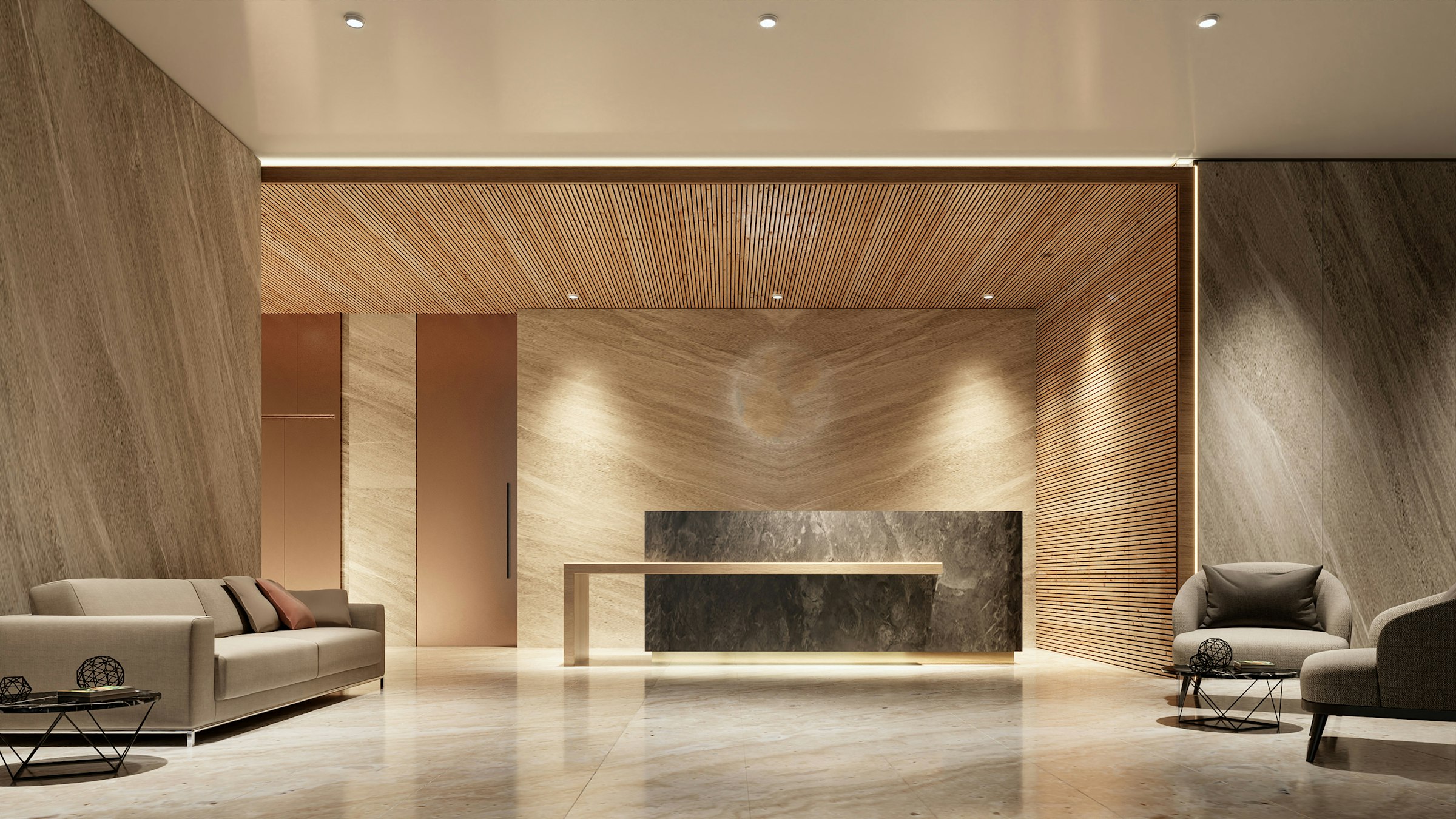 Clean modern office lobby with reception desk and seating area