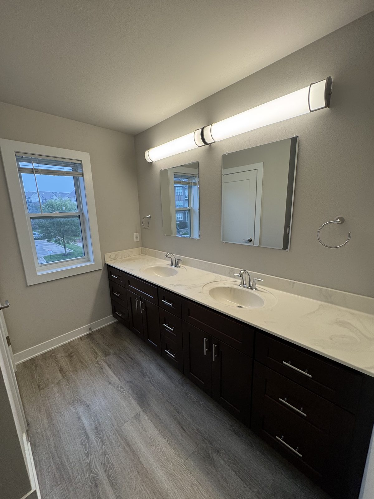 Double vanity bathroom after post-construction cleaning