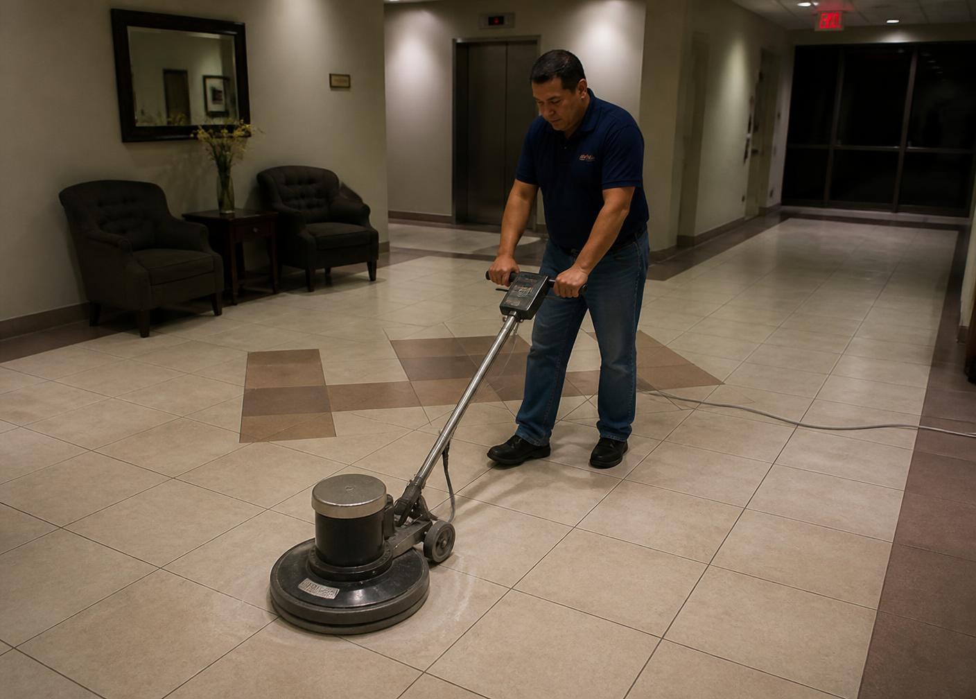 Commercial floor care and polishing in an office lobby by IBS Cleaning Services in Madison, WI