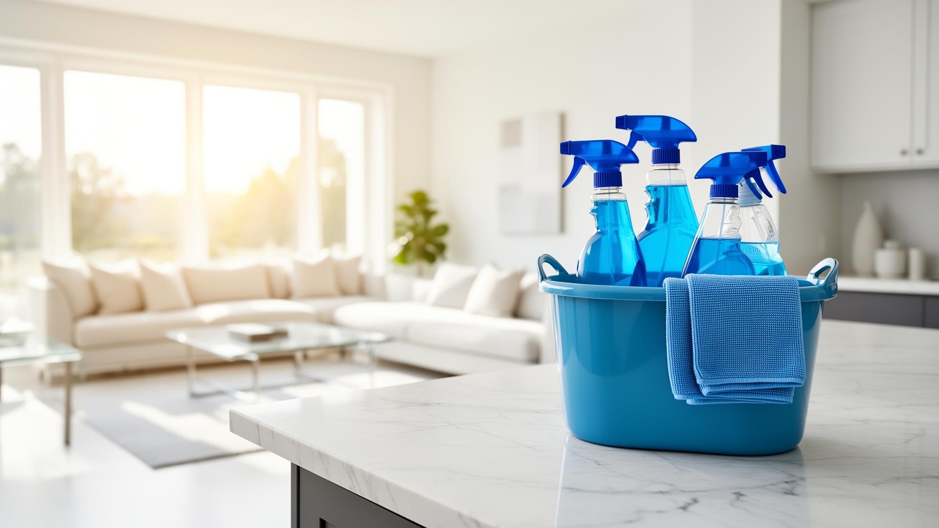 Spotless modern living room with cleaning supplies