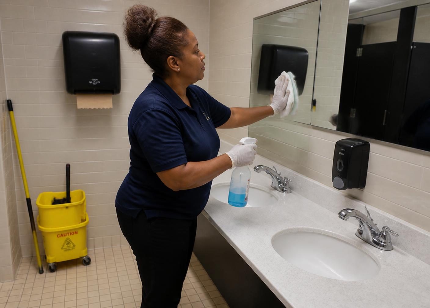 Commercial restroom sanitized by an IBS Cleaning Services janitorial technician